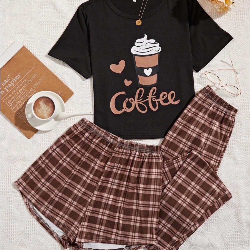 Coffee print tee & Plaid Shorts And Pants PJ Set